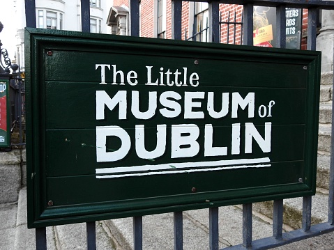 10th December 2021, Dublin, Ireland. The Little Museum of Dublin entrance sign on St Stephen's Green, Dublin, city centre.
