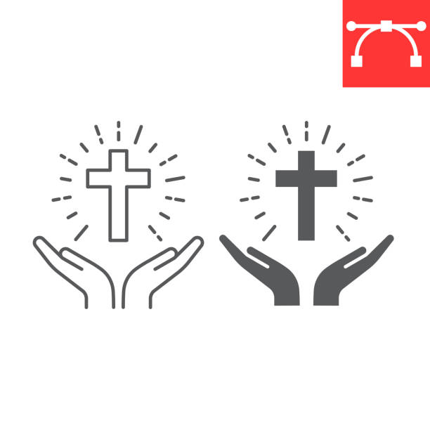 Praying hands holding cross line and glyph icon Praying hands holding cross line and glyph icon, christian and prayer, hands holding cross vector icon, vector graphics, editable stroke outline sign, eps 10. religious text stock illustrations