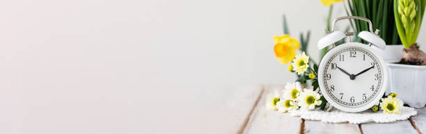 istock Spring change, Daylight Saving Time concept. White alarm clock and flowers on the wooden table. Banner 1367666901