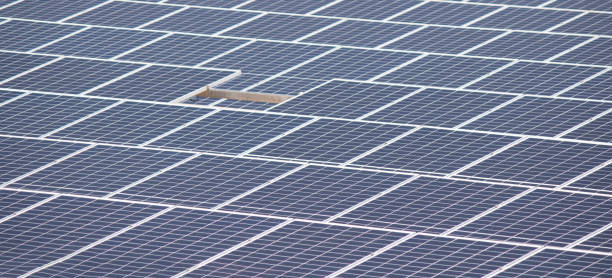 istock Focus on front a arranged solar photovoltaic panels. Renewable energy 1367668797