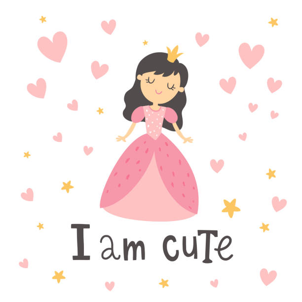 vector cute princess and lettering text card vector illustration of cute princess girl in pink dress and hand lettering I am cute text, print design for kids, can be used on apparel, posters, textile princess stock illustrations