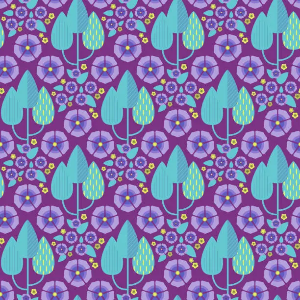 Vector illustration of Periwinkle flowers in Art Deco style, in purple and turquoise and very peri blue, seamless natural geometric pattern, background illustration