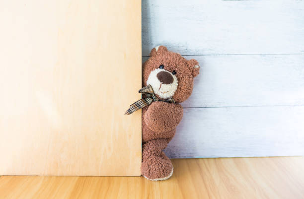 istock Teddy bear on wooden board with space on white wood background 1367673437
