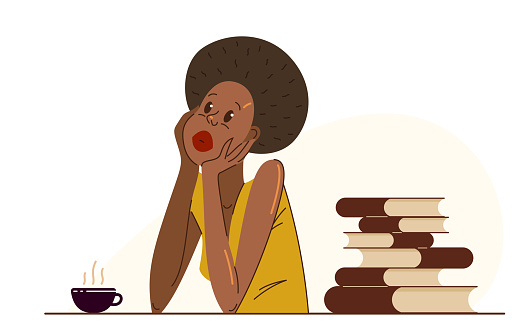 Young African ethnicity woman office worker having coffee break during a day vector flat illustration isolated, relaxed resting employee, job done, work finished, lazy.