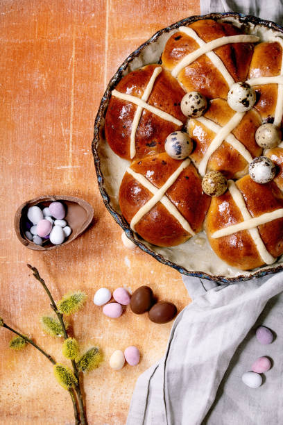 istock Homemade Easter traditional hot cross buns on ceramic dish 1367677867