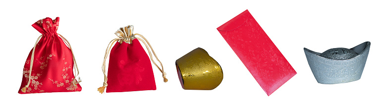 Chinese New Year Gift Bag and Gold inpgot Ornament on White Background,clipping path
