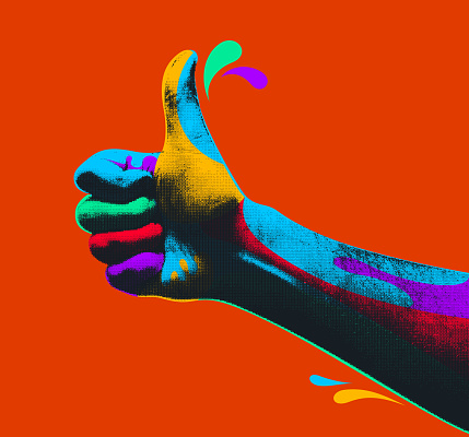 Thumb up like hand halftone with colorful paint splashes vector design.