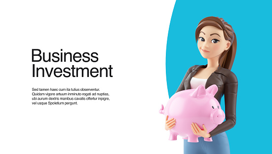 3d cartoon woman standing with piggy bank web banner, illustration on color background