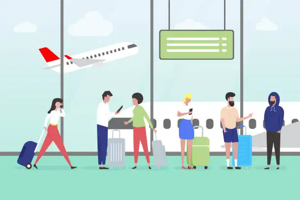 Vector illustration of People standing and walking in airport