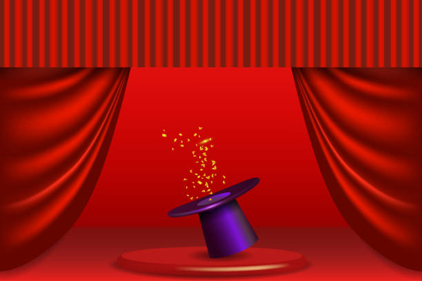 ilustrações de stock, clip art, desenhos animados e ícones de magic hat on the theater stage - magic circus wand circus theatrical performance stage theater