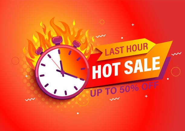 Last hour offer, hot sale bright banner. Last hour offer,hot sale bright banner.Sale countdown badge.Hot sales limited time only.Just now discount promotions.Promo sticker,label for advertise and design.Stopwatch in fire.Vector illustration. final round stock illustrations