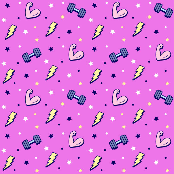 Cartoon fitness weightlifting pattern Cartoon fitness weightlifting pattern with dumbbells, lightning bolts and flexing biceps. Cute hand drawn doodles, bright comic style. Vector seamless texture illustration. muscle strength icon stock illustrations
