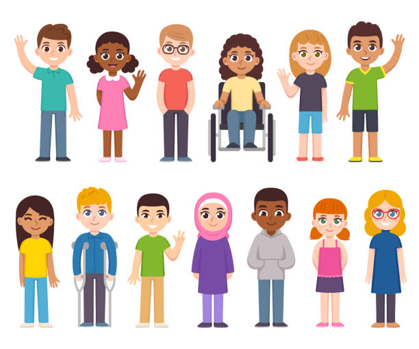 Cartoon diverse children set Cute cartoon diverse children group. Kids of different countries and skin color, disabled child inclusion. Vector clip art illustration set. african american boy drawing stock illustrations
