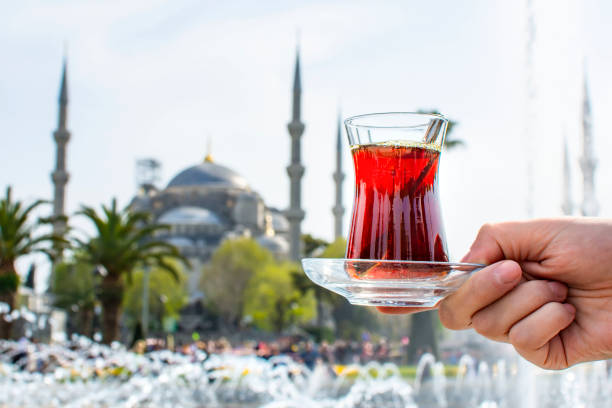 istock Woman's hand holding cup with Traditional turkish tea in front of Blue mosque. 1367682096
