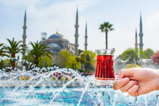 istock Woman's hand holding cup with Traditional turkish tea in front of Blue mosque. 1367682261