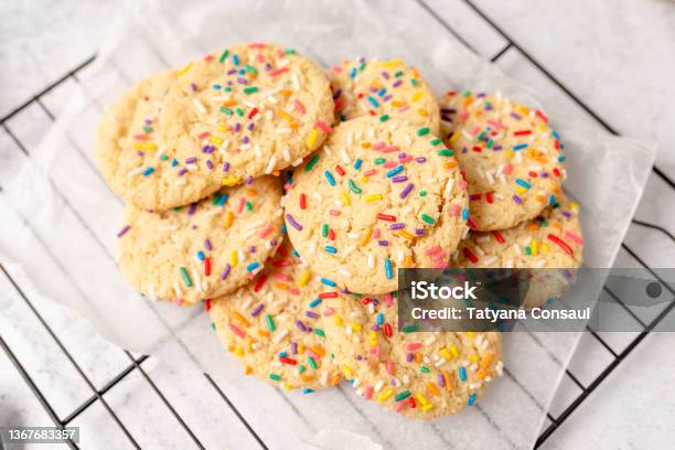 Sugar Cookies With Rainbow Sprinkles Stock Photo - Download Image Now - Cookie, Sugar Sprinkles, Baking