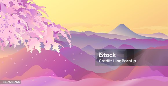 istock Beautiful pinkish Sakura blossom hill scenery with Fuji mountain in morning for flower and morning theme 1367683764
