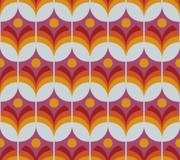 mid century modernes geometrisches florales nahtloses muster. retro-wiederholungsmuster mit minimalistischen orangen, gelben und roten tulpenblüten. - mod stock-grafiken, -clipart, -cartoons und -symbole