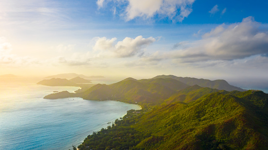 Aerial view of Praslin and La Digue islands at sunrise. Seychelles, Indian Ocean. High quality photo