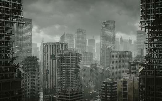 Digitally generated post apocalyptic scene depicting the consequence of a nuclear holocaust, showing a desolate urban landscape with tall buildings in ruins and mostly cloudy sky. 

The scene was created in Autodesk® 3ds Max 2022 with V-Ray 5 and rendered with photorealistic shaders and lighting in Chaos® Vantage with some post-production added.