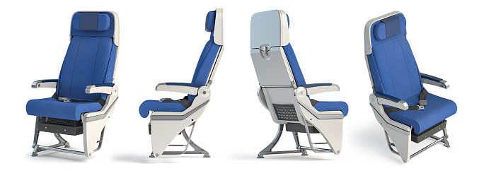 Airplane seat in different views. Aircraft interior armchair isolated on white background. 3d illustration