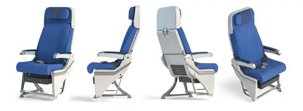 Photo of Airplane seat in different views. Aircraft interior armchair isolated on white background.