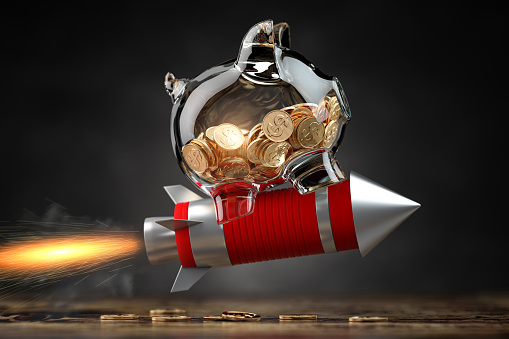 Piggy bank on a flying rocket. Financial, investing, savings and wealth management solution concept. 3d illustration