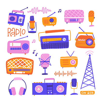 Vintage radio set with radio, microphone, headphones, radio tower, tape recorder elenets in bright trendy flat style. Vector hand drawn illustration
