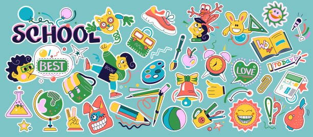 ilustrações de stock, clip art, desenhos animados e ícones de school badges. abstract trendy stickers with school supplies, elementary and college education emblems. vector isolated set - backpack university learning student