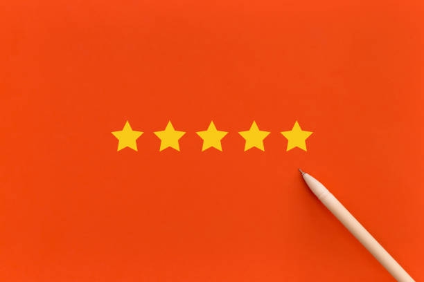 istock Five 5 stars, best excellent services rating on red background. 1367689920