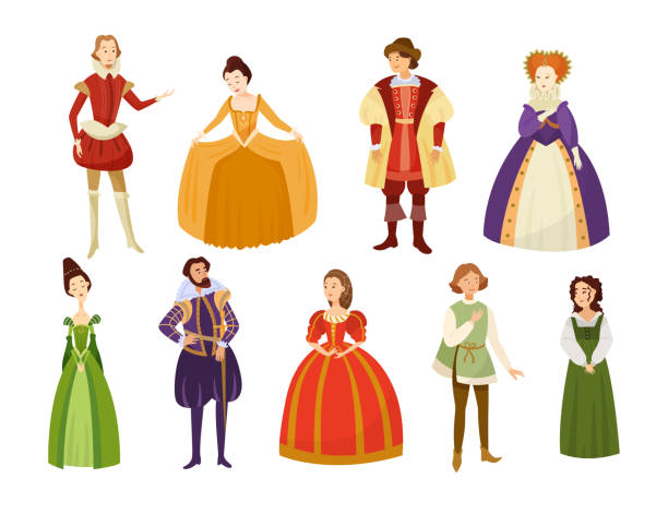 ilustrações, clipart, desenhos animados e ícones de homens e mulheres em trajes medievais conjunto de ilustração de desenho animado - princess hairstyle baroque style women