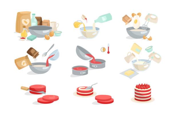Process of cooking cake or pie cartoon illustration set Process of cooking cake or pie cartoon illustration set. Adding ingredients in bowl step by step, mixing eggs, flour, sugar with blender, preparing dough, baking sweet dessert. Preparation concept Pastry stock illustrations