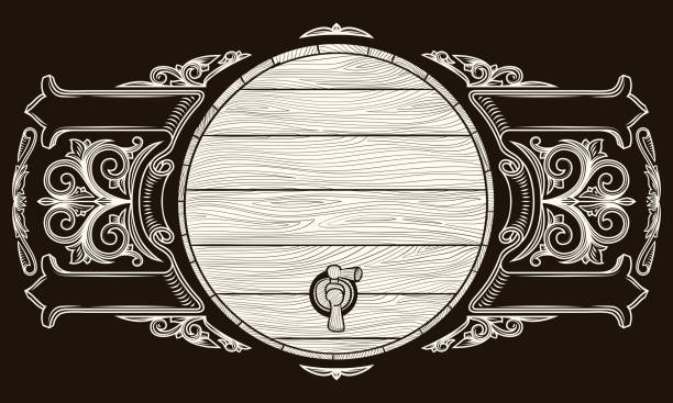 ilustraciones, imágenes clip art, dibujos animados e iconos de stock de barril de madera dibujado en blanco y negro con adorno decorativo - whisky barrel distillery hard liquor