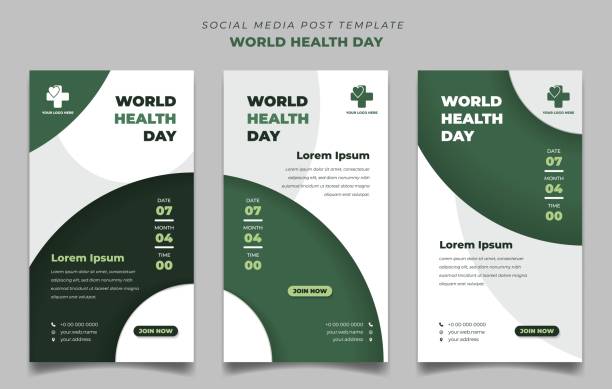 World health day template with green circle shape background design. Set of social media post template in portrait design. World health day template with green circle shape background design. Set of social media post template in portrait design. Good template for online advertisement design. wild posting ad stock illustrations