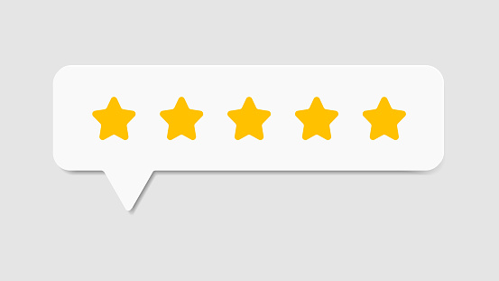 Five star rating vector in paper cut style design isolated on grey background. Feedback, Review, and rate us concept. EPS 10 vector illustration.