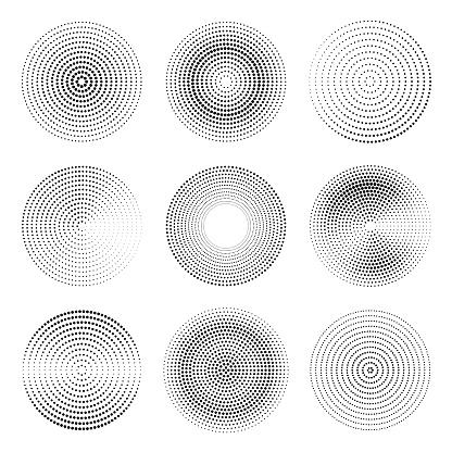 Set of different dotted circles. Round vector elements for design. Halftone effect.