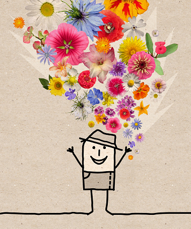 Hand drawn Cartoon Man Throwing Up a Colorful Flowers Set