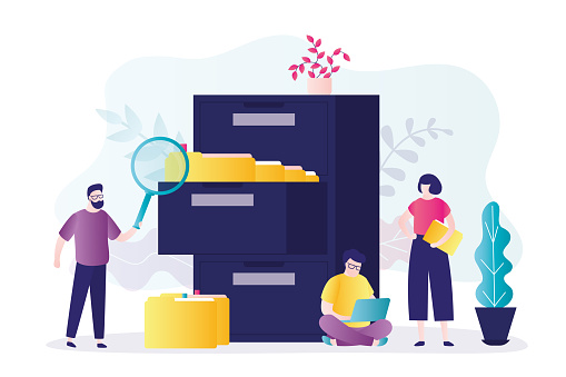 Worker with magnifying glass looking for documents in archive. Team of employees organizes and sorts data folders. Large filing cabinet with many folders. File management. Flat vector illustration