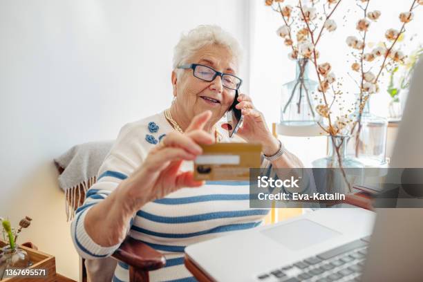 Senior Woman At Home Stock Photo - Download Image Now - Credit Card, Senior Adult, Computer