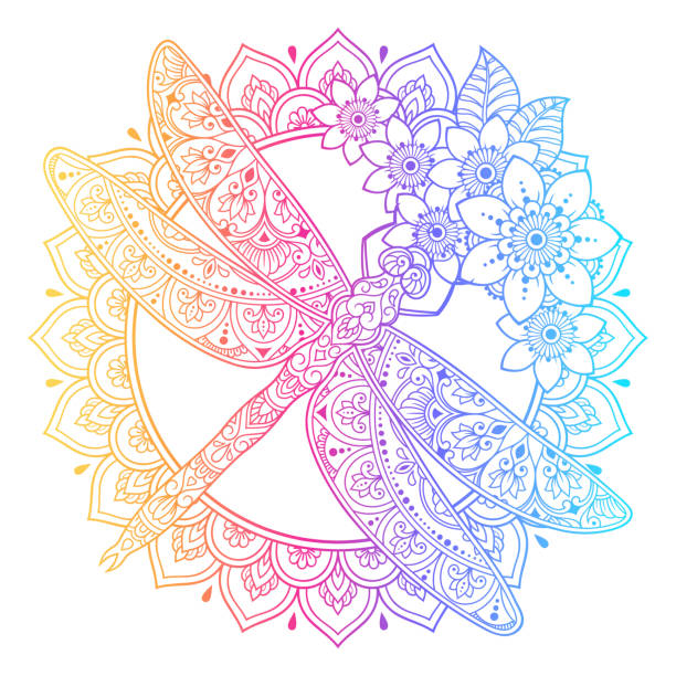 Circular pattern in form of mandala with dragonfly and flower. Decorative ornament in ethnic oriental style. Frame in the eastern tradition. Rainbow floral vintage pattern on white background. Circular pattern in form of mandala with dragonfly and flower. Decorative ornament in ethnic oriental style. Frame in the eastern tradition. Rainbow floral vintage pattern on white background. dragonfly tattoo stock illustrations
