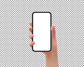 istock Woman hand holding the smartphone with blank screen, on transparent background, vector illustration 1367696984