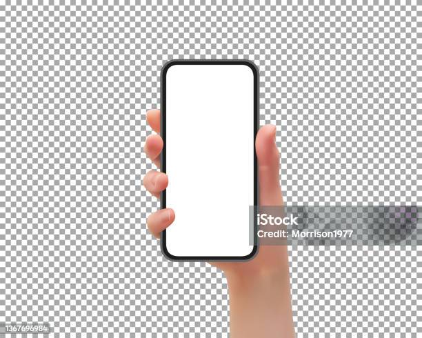 Woman Hand Holding The Smartphone With Blank Screen On Transparent Background Vector Illustration Stock Illustration - Download Image Now