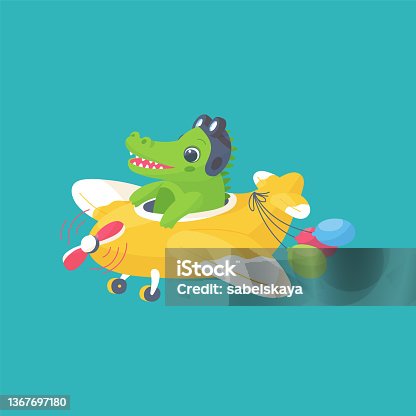 istock Cute crocodile travel on plane, cartoon funny pilot animal flying on airplane 1367697180