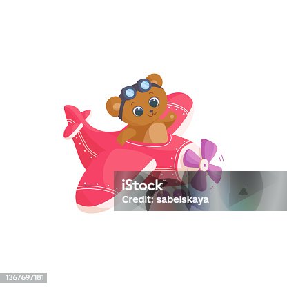 istock Cute teddy bear travel on plane, cartoon pilot animal is flying on red airplane. 1367697181