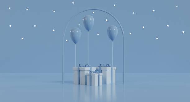istock Abstract 3D rendering background. Pastel color trendy empty gift box and balloon display for product  show. modern minimal design.illustration 1367697184