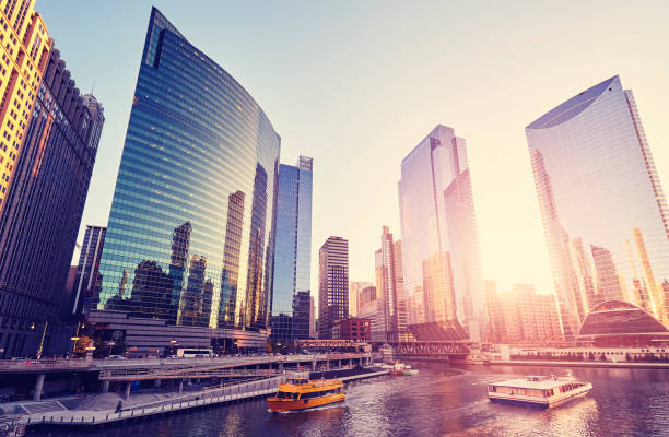 istock Chicago panorama at sunset, color toning applied, USA. 1367697447