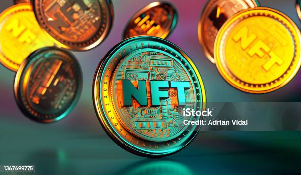 Nft Non Fungible Token Golden Coins Falling Trendy Cryptocurrencies And Coins On The Blockchain Technology Close Up View Of Crypto Money In 3d Rendering Stock Photo - Download Image Now