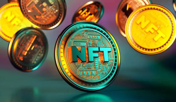 Photo of NFT non fungible token golden coins falling. Trendy cryptocurrencies and coins on the blockchain technology. Close up view of crypto money in 3D rendering