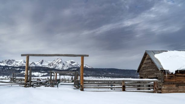 istock Farm corral abandon for winter with Sawtooth mountain backdrop 1367700822