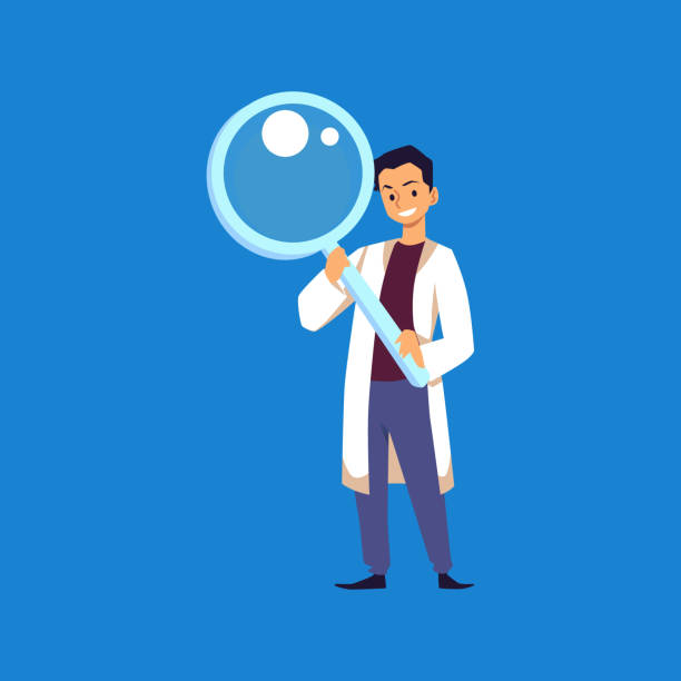 Bioengineer scientist or researcher with magnifier vector illustration isolated. Bioengineer scientist or researcher young man holding huge magnifier, flat cartoon vector illustration isolated on blue background. Scientific laboratory researches. biologist stock illustrations